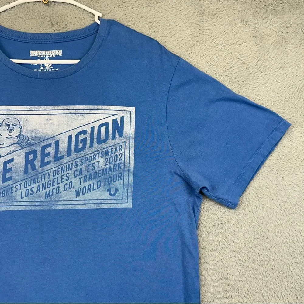 True Religion Shirt Mens Large Blue Box Budha CRW NK Front Logo Rock‎ Hipster